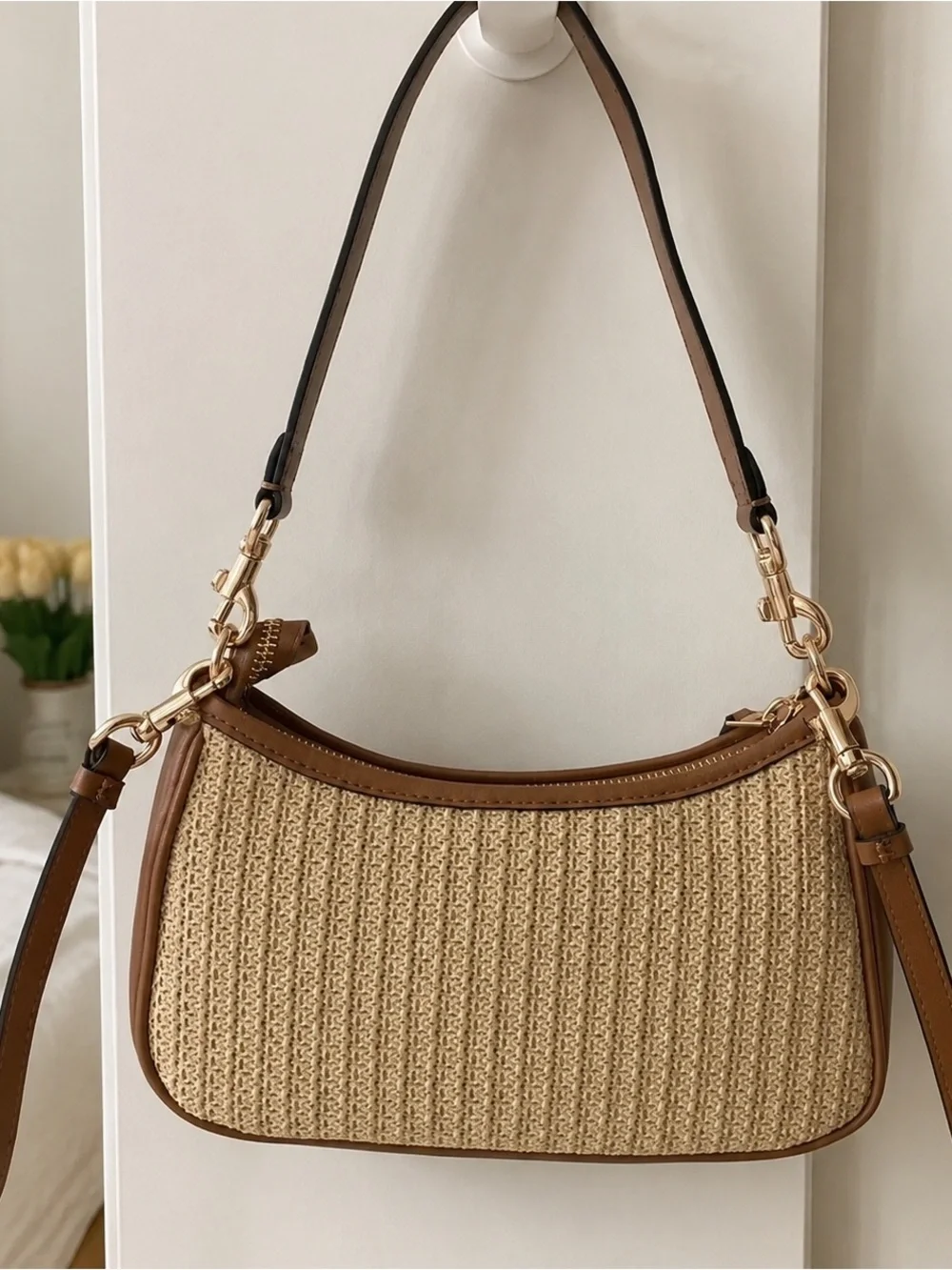 Coach Woven Straw Shoulder Bag in Tan and Brown